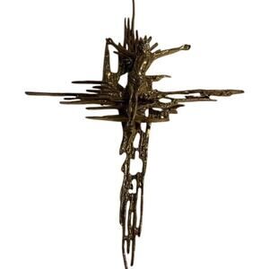 Brutalist crucifix religious wall sculpture goldtone Jesus on Cross Spain Bronze